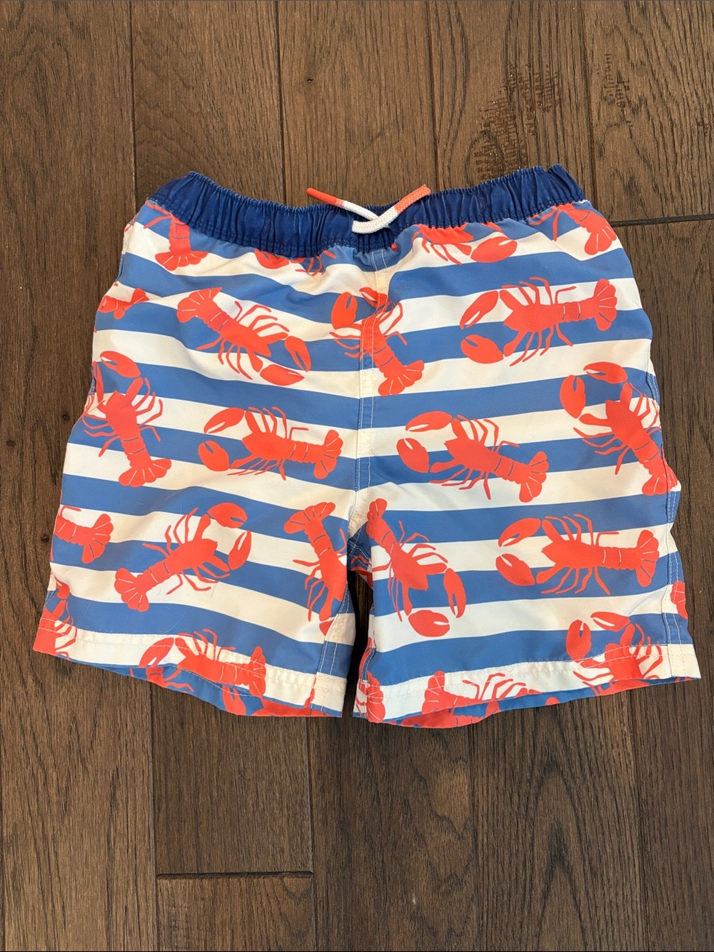 Boden Blue & White Striped Swim Shorts with Orange Lobster Print